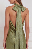 Halter Mermaid Olive Floral Bridesmaid Dress with Bow