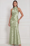 Halter Mermaid Olive Floral Bridesmaid Dress with Bow