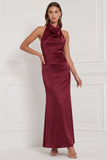 Burgundy Satin Halter Mermaid Bridesmaid Dress with Bow