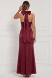 Burgundy Satin Halter Mermaid Bridesmaid Dress with Bow