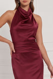 Burgundy Satin Halter Mermaid Bridesmaid Dress with Bow