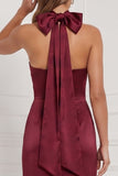 Burgundy Satin Halter Mermaid Bridesmaid Dress with Bow
