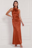Burgundy Satin Halter Mermaid Bridesmaid Dress with Bow