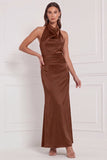 Burgundy Satin Halter Mermaid Bridesmaid Dress with Bow