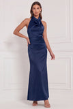 Burgundy Satin Halter Mermaid Bridesmaid Dress with Bow