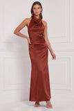 Burgundy Satin Halter Mermaid Bridesmaid Dress with Bow