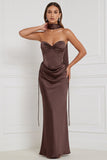 Strapless Espresso Satin Mermaid Bridesmaid Dress with Scarf