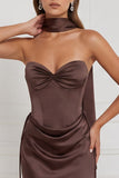 Strapless Espresso Satin Mermaid Bridesmaid Dress with Scarf