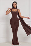 Corset Espresso Ruched Mermaid Bridesmaid Dress with Scarf