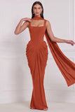 Corset Espresso Ruched Mermaid Bridesmaid Dress with Scarf