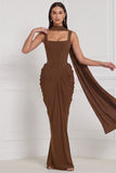Corset Espresso Ruched Mermaid Bridesmaid Dress with Scarf