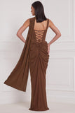 Corset Espresso Ruched Mermaid Bridesmaid Dress with Scarf