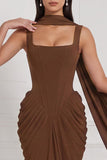 Corset Espresso Ruched Mermaid Bridesmaid Dress with Scarf