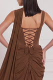 Corset Espresso Ruched Mermaid Bridesmaid Dress with Scarf