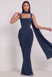 Corset Espresso Ruched Mermaid Bridesmaid Dress with Scarf