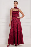 Floral Espresso Square Neck Bow A Line Bridesmaid Dress with Scarf