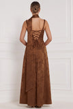 Floral Espresso Square Neck Bow A Line Bridesmaid Dress with Scarf