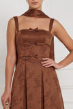 Floral Espresso Square Neck Bow A Line Bridesmaid Dress with Scarf