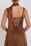 Floral Espresso Square Neck Bow A Line Bridesmaid Dress with Scarf