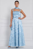 Floral Espresso Square Neck Bow A Line Bridesmaid Dress with Scarf