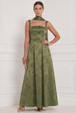 Floral Espresso Square Neck Bow A Line Bridesmaid Dress with Scarf
