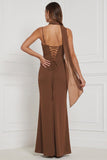 Mermaid Espresso Ruched Lace-up Back Bridesmaid Dress with Scarf