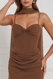 Mermaid Espresso Ruched Lace-up Back Bridesmaid Dress with Scarf