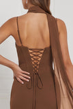 Mermaid Espresso Ruched Lace-up Back Bridesmaid Dress with Scarf