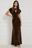 Velvet Espresso Mermaid Keyhole Ruched Long Bridesmaid Dress