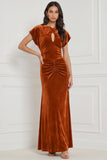Velvet Espresso Mermaid Keyhole Ruched Long Bridesmaid Dress