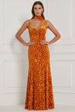 Burnout Velvet Mermaid Orange Bridesmaid Dress with Scarf