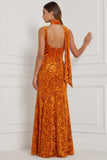 Burnout Velvet Mermaid Orange Bridesmaid Dress with Scarf