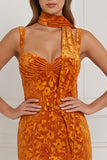 Burnout Velvet Mermaid Orange Bridesmaid Dress with Scarf