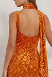 Burnout Velvet Mermaid Orange Bridesmaid Dress with Scarf
