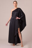 One Shoulder Batwing Sleeve Black Long Formal Dress with Slit