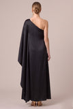 One Shoulder Batwing Sleeve Black Long Formal Dress with Slit