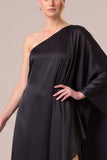 One Shoulder Batwing Sleeve Black Long Formal Dress with Slit