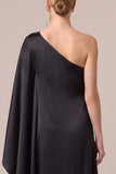 One Shoulder Batwing Sleeve Black Long Formal Dress with Slit