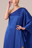 One Shoulder Batwing Sleeve Black Long Formal Dress with Slit