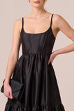 Corset Ruffled Black Spaghetti Straps Satin A Line Formal Dress