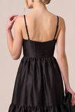Corset Ruffled Black Spaghetti Straps Satin A Line Formal Dress