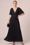 Black Pleated V-Neck A Line Long Formal Dress with Flutter Sleeves