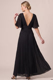 Black Pleated V-Neck A Line Long Formal Dress with Flutter Sleeves