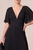 Black Pleated V-Neck A Line Long Formal Dress with Flutter Sleeves