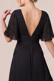 Black Pleated V-Neck A Line Long Formal Dress with Flutter Sleeves