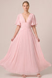 Black Pleated V-Neck A Line Long Formal Dress with Flutter Sleeves