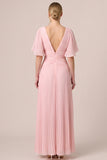 Black Pleated V-Neck A Line Long Formal Dress with Flutter Sleeves