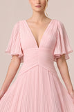 Black Pleated V-Neck A Line Long Formal Dress with Flutter Sleeves
