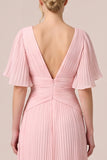 Black Pleated V-Neck A Line Long Formal Dress with Flutter Sleeves