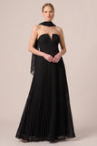 Strapless Black Pleated A Line Long Formal Dress with Scarf
